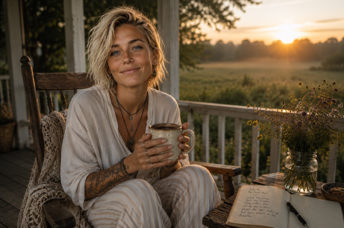 Ana on the farmhouse porch at first light, hands around a mug, mist standing over the field beyond the rail