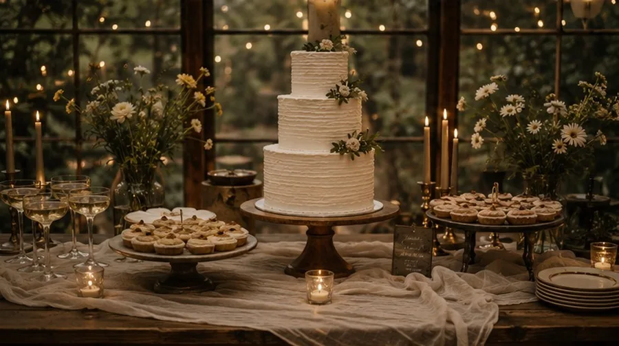 The dessert table — pies, a naked cake, and cut stems