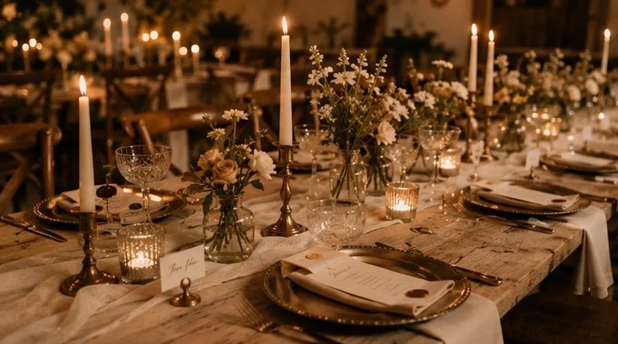 The candlelit barn table — the reception room