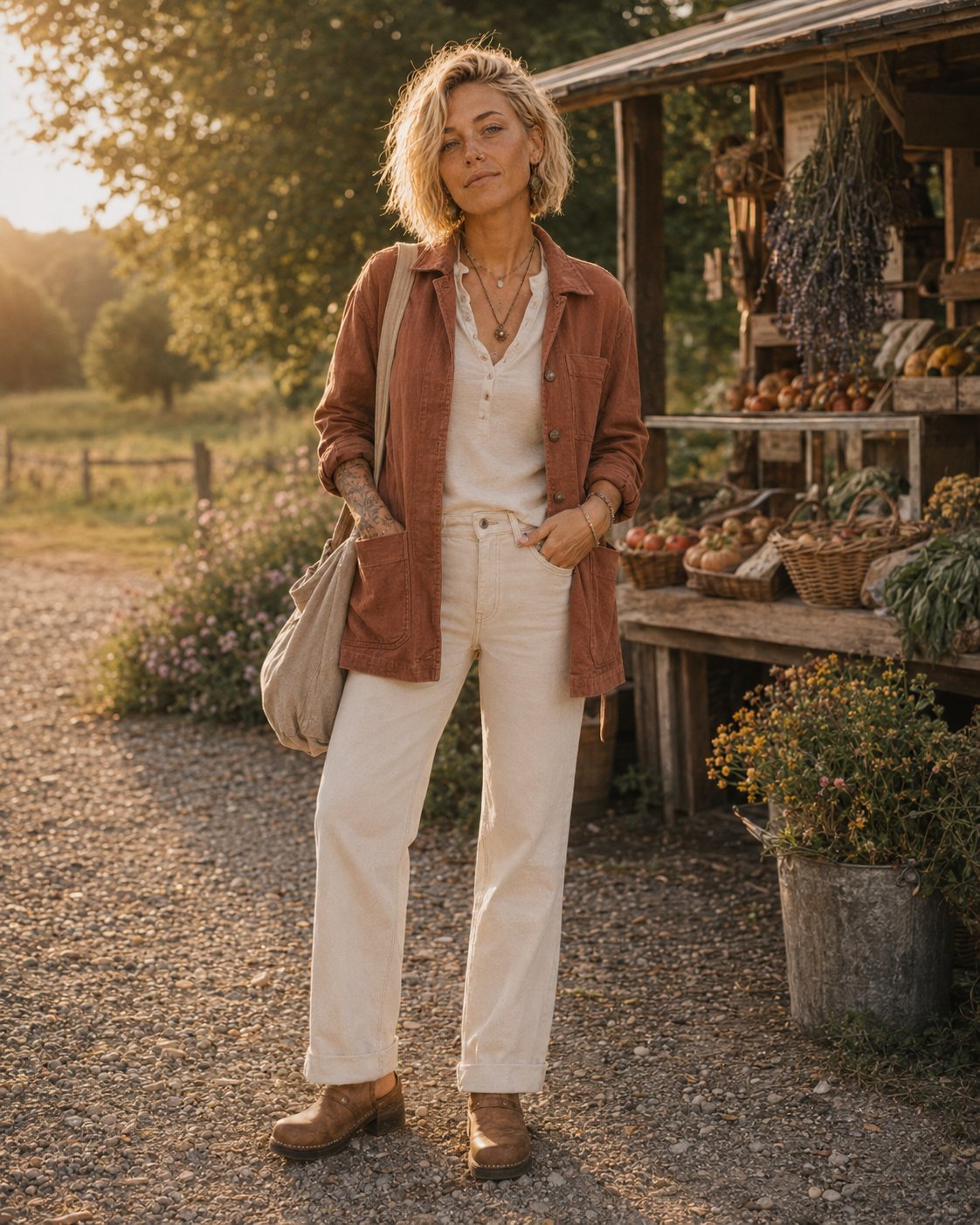 Ana at the farm stand at golden hour, wearing the rust corduroy jacket in question