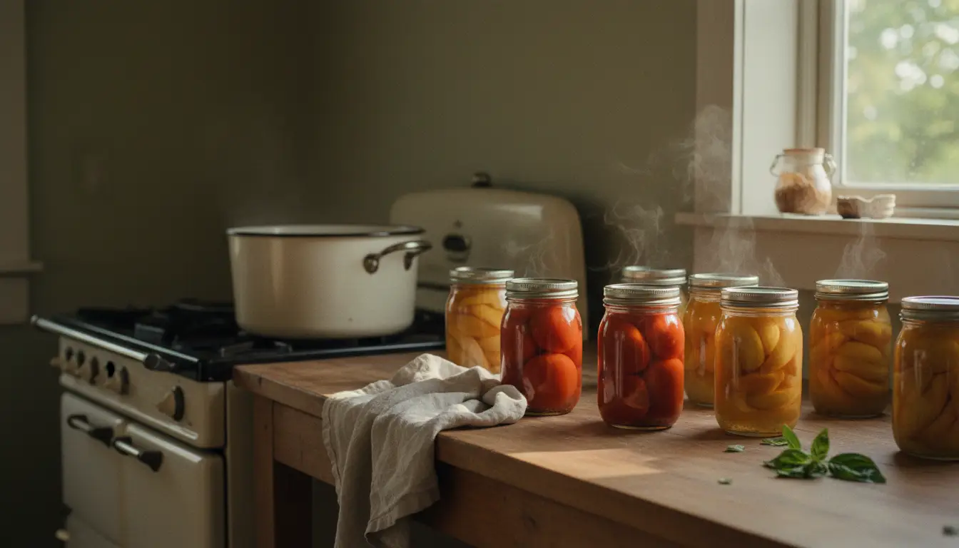 Freshly canned jars of tomatoes and peaches cooling on a farmhouse counter